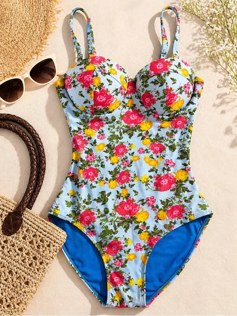 Janela Bay‎ Floral One Piece Swimsuit XS Underwire Lace Up Back